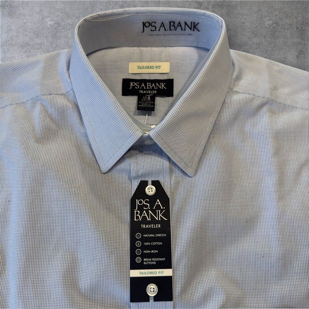 JOS A BANK Mens Shirt Long Sleeve Button Down 16 1/2-36 Cotton Blue Plaid